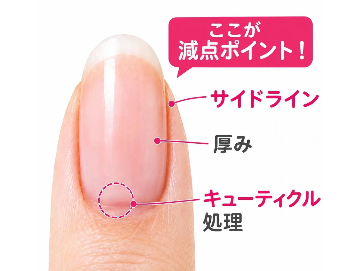 サイドライン・厚み・キューティクル処理の減点ポイントを示した爪の図